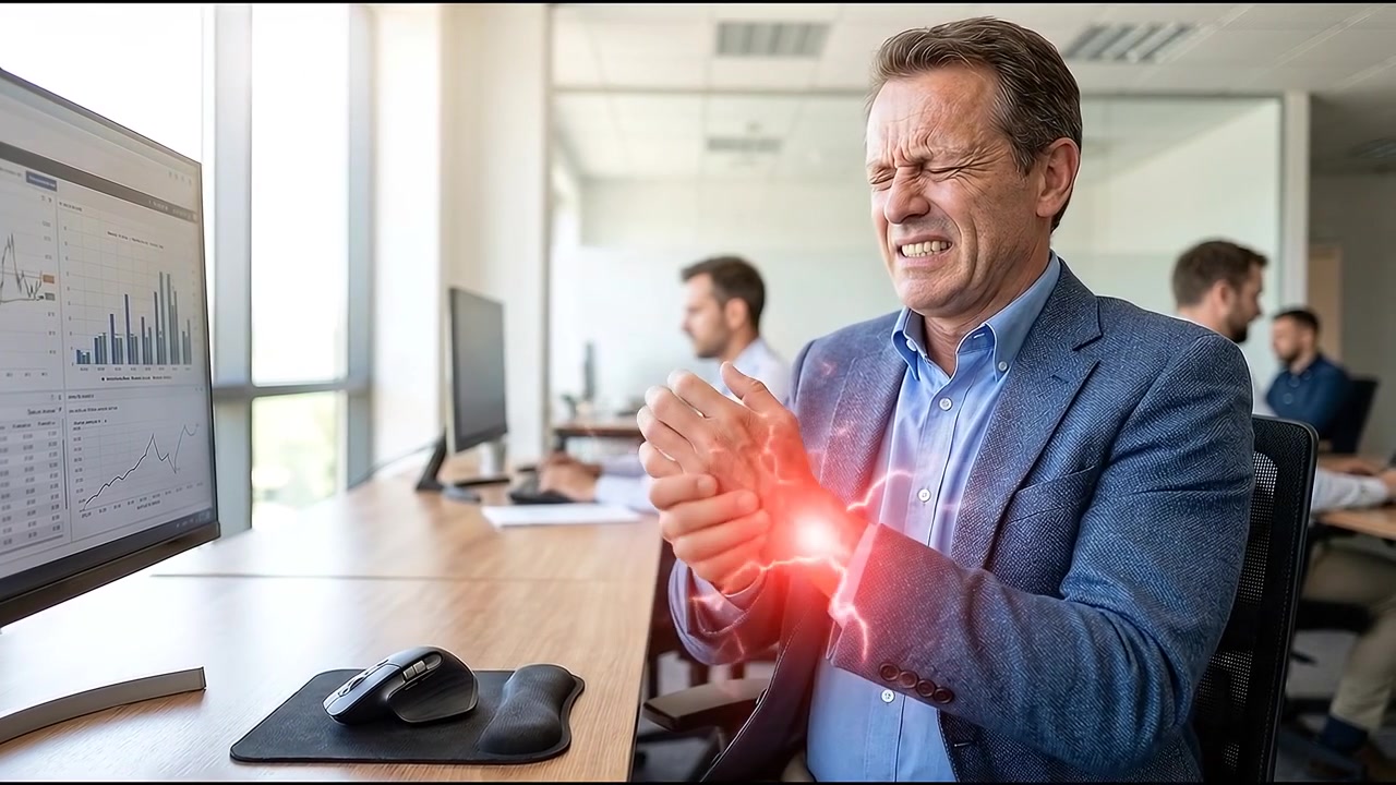 Empresário Sentindo Dor no Punho Enquanto Trabalha na Mesa do Escritório