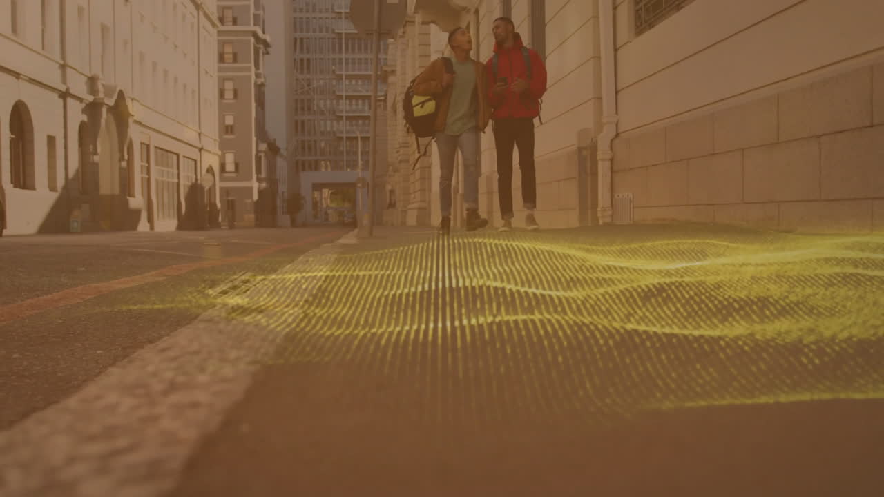 men walking city sidewalk showing floating phone icons and chart overlay for technology marketing