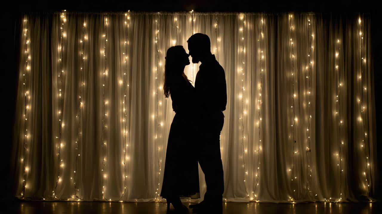 A Romantic Silhouette of a Couple Embracing Against a Backdrop of Soft Lights, Capturing the Intimacy and Connection Between Two Lovers