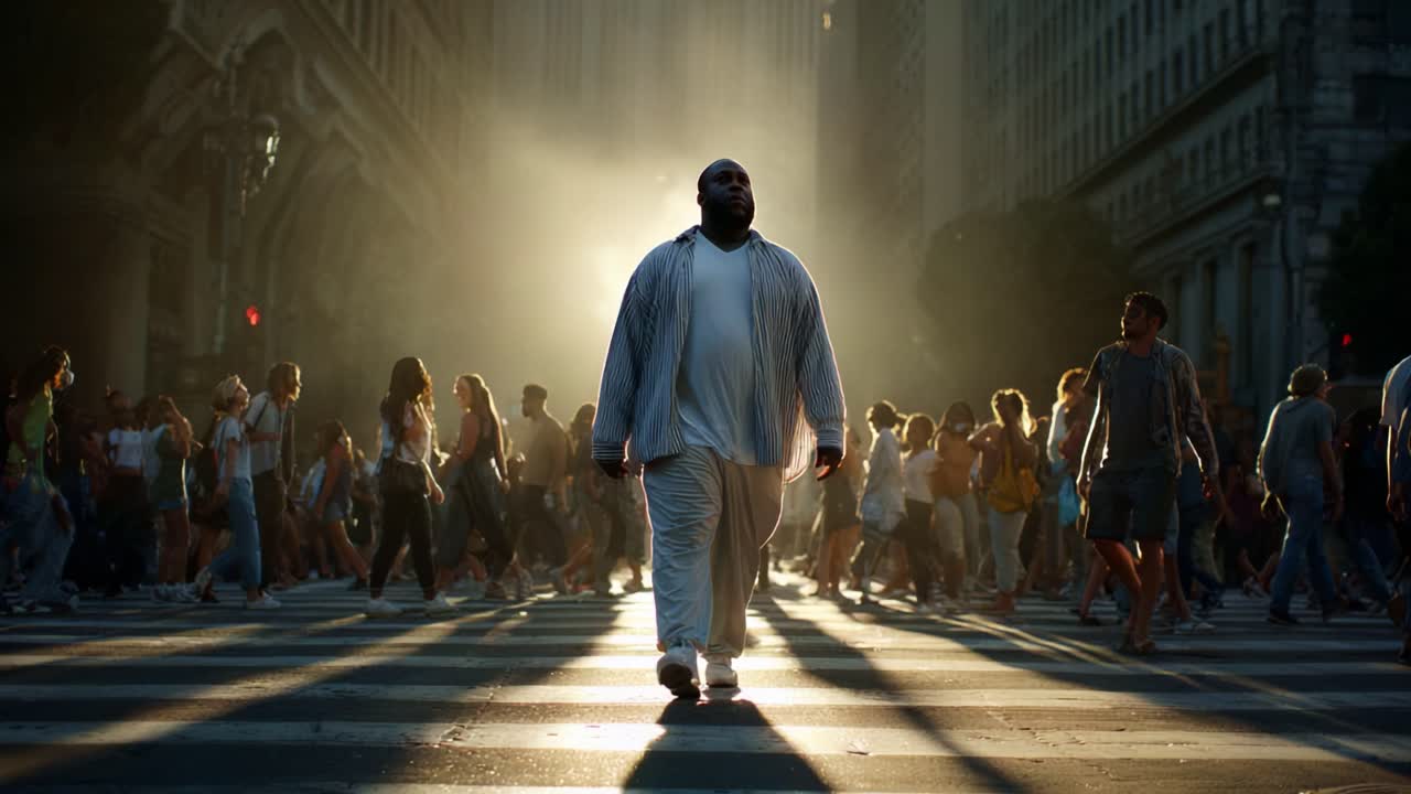 A lone figure stands confidently at the center of a bustling street, surrounded by a crowd in motion, illuminated by the warm glow of sunlight streaming through the buildings