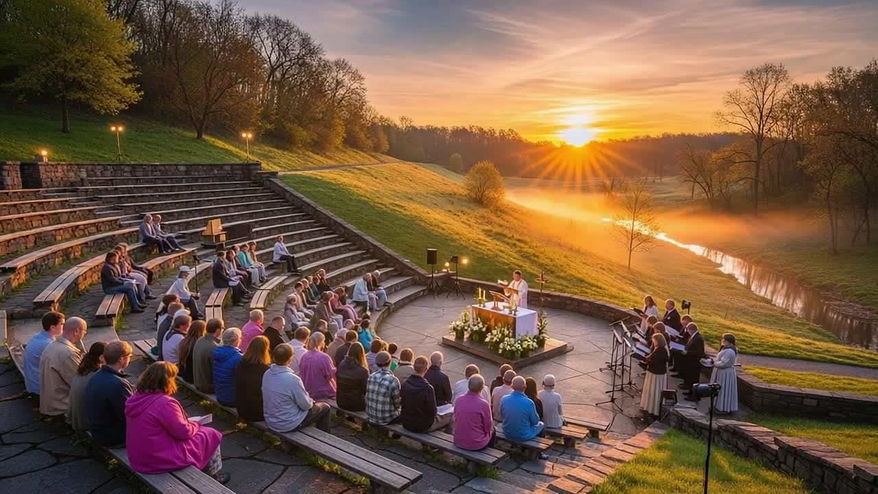A Serene Outdoor Gathering at Sunset: Celebrating Community and Reflection in Nature's Embrace with Echoing Harmony and Spiritual Moments
