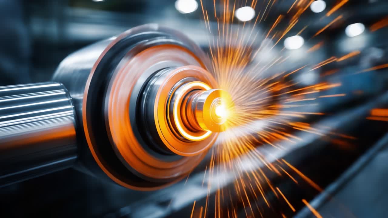 Accattivante processo di lavorazione ad alta velocità che mostra scintille dinamiche e ingegneria di precisione in un'officina industriale moderna.