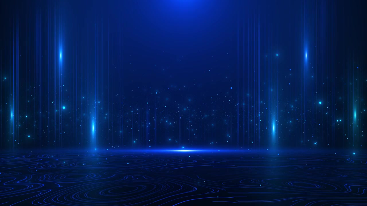 Blue digital stage background light beams glowing particles contour floor lines deep futuristic