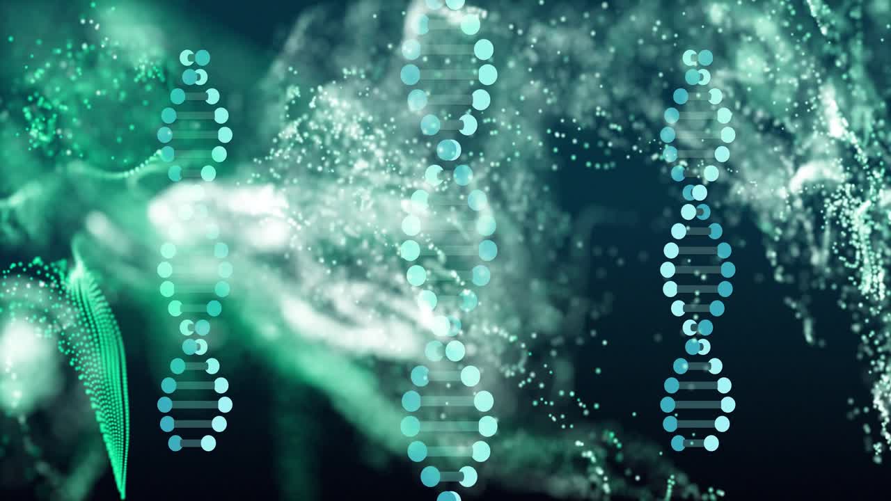 Eine Partikelwolke verdichtet sich und sprüht Funken, gepunktete DNA-Helices bilden sich und werden heller, um eine Biotech-Idee zu visualisieren.