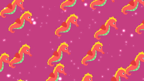 animación de iconos de caballitos de mar sobre puntos de luz brillantes sobre un fondo púrpura