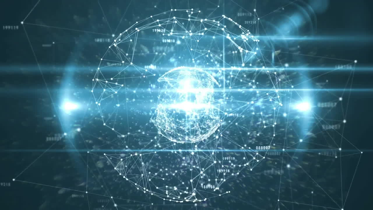 Central network sphere glowing and floating in dark digital space, showing streaming numeric data