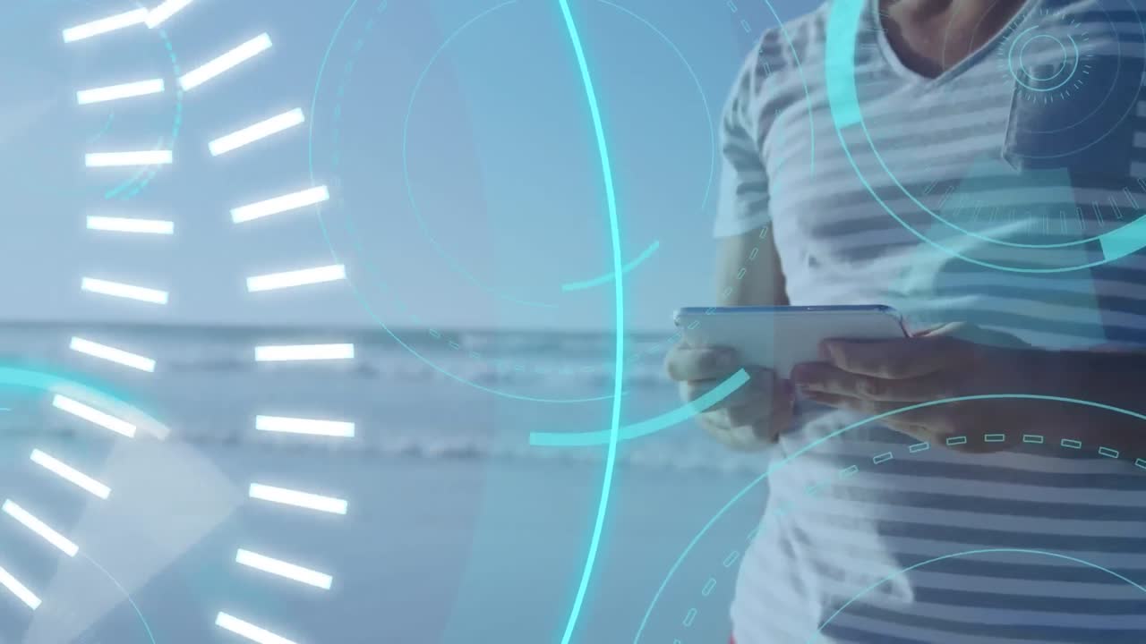 hombre usando una tableta y 5g escrito en el medio de un círculo futurista