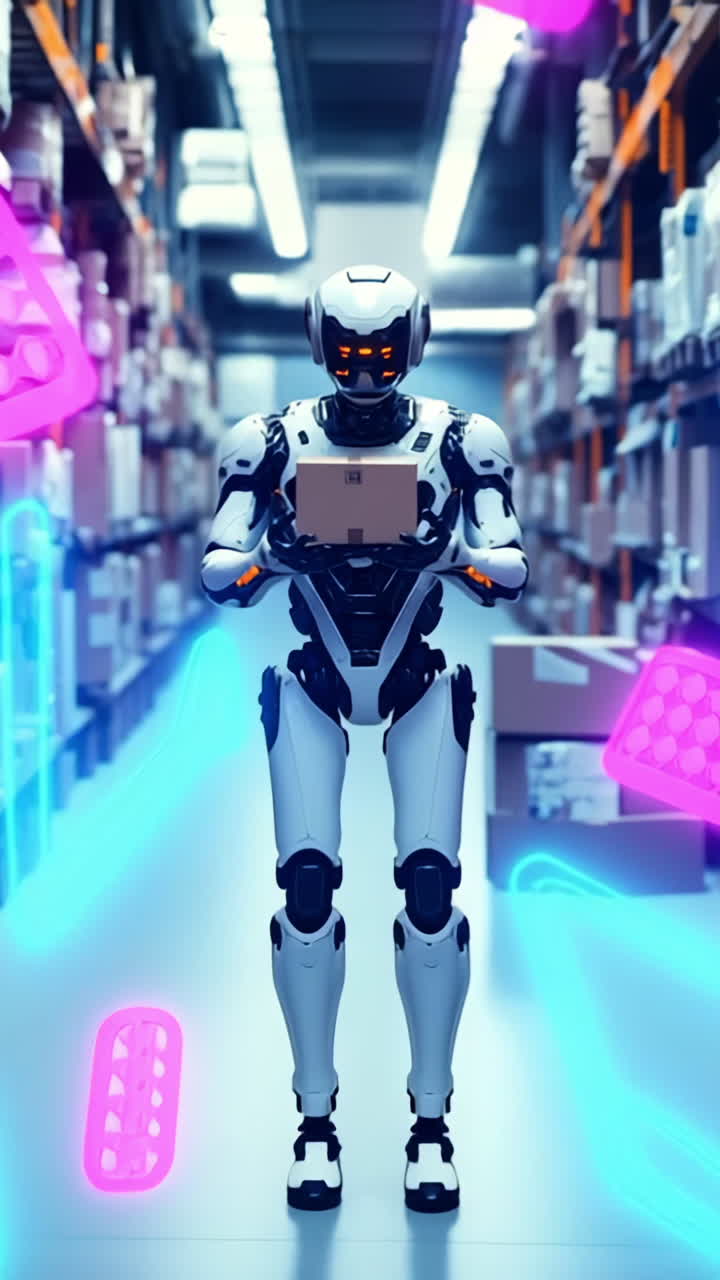 Warehouse robot manages stock. A humanoid robot organizes boxes in a large warehouse illuminated by colorful lights, showcasing advanced technology.