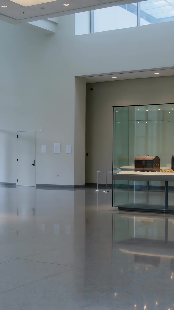 Video vertical: Cámara panorámica moviéndose a la derecha en el vestíbulo de un museo, revelando una vitrina con tres cofres.