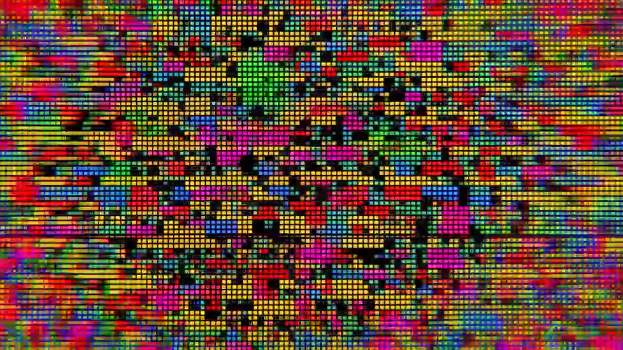 Abstract multicolor pixel mosaic fills the frame with tightly packed squares and scattered bright tones, creating a vivid textured background with even