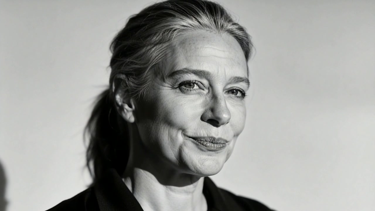 Câmera iniciando, mulher virando e suavizando o sorriso para um retrato de estúdio em um fundo, com luz principal.