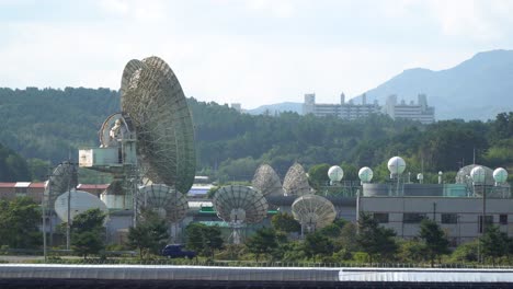 Daytime-KT-SAT-Satellite-Dishes-In-Geumsan,-South-Korea-closeup