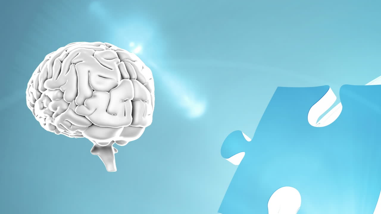 파란색 배경 위에 회전하는 뇌의 애니메이션과 퍼즐로 만든 지구