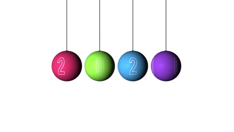 configuración de bucle animación realista de la navidad y el año nuevo bolas multicolores y texto 2020. decoración giratoria en fondo blanco. feliz navidad y un feliz año nuevo!