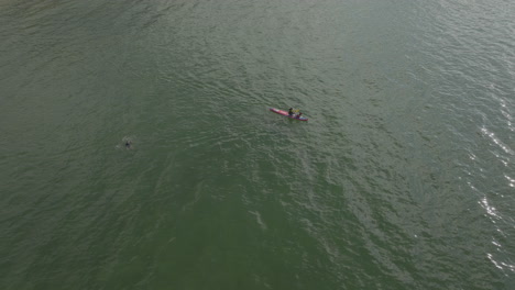 Toma-Aérea-De-Drones-De-Canoa-Navegando-En-Aguas-De-Hong-Kong,-China