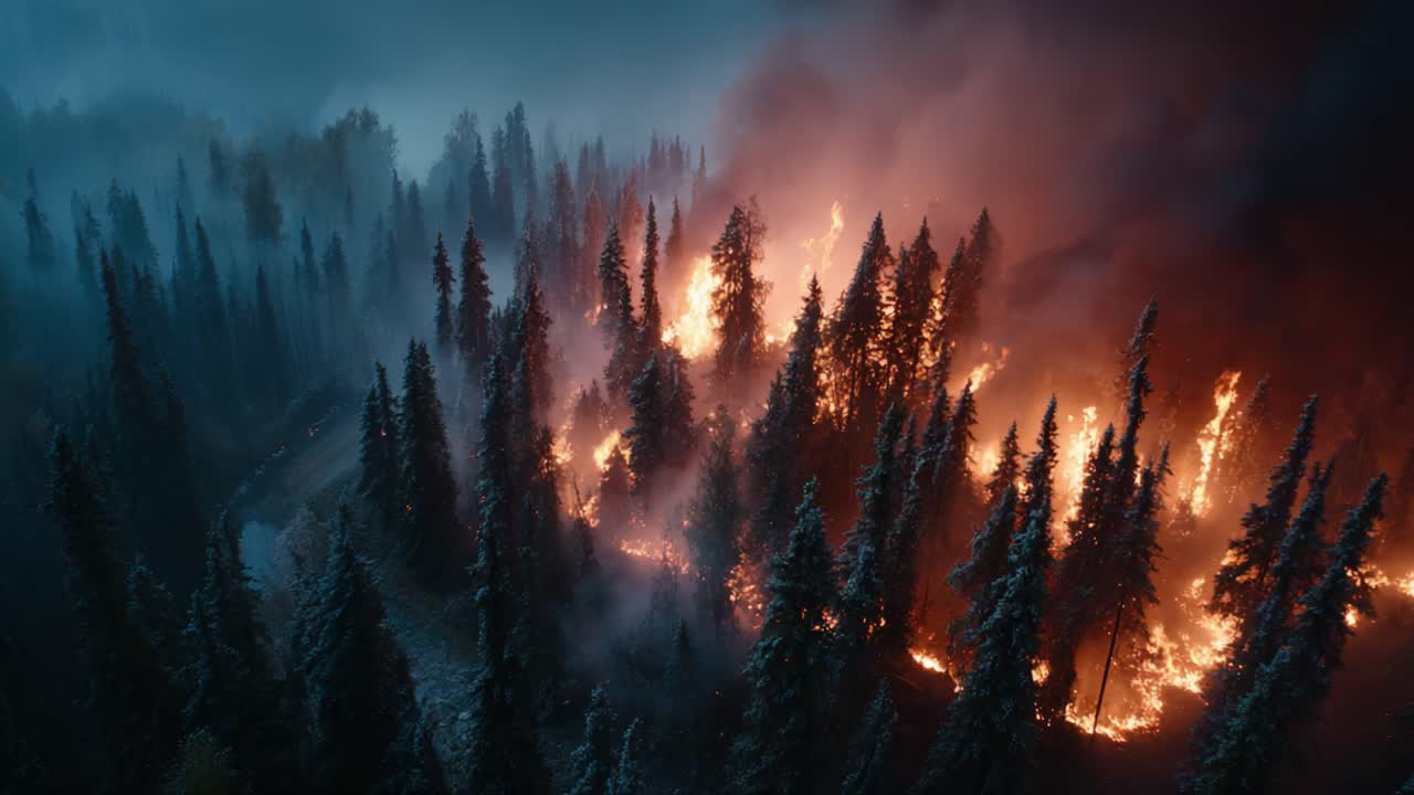 Vista aerea mozzafiato di una fitta foresta avvolta dalle fiamme, che mostra l'impatto degli incendi naturali sulla natura e sull'ambiente durante un incendio.