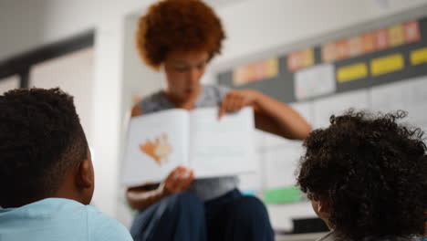 Eine-Lehrerin-Liest-Multikulturellen-Grundschülern-Vor,-Die-Im-Unterricht-Auf-Dem-Boden-Sitzen