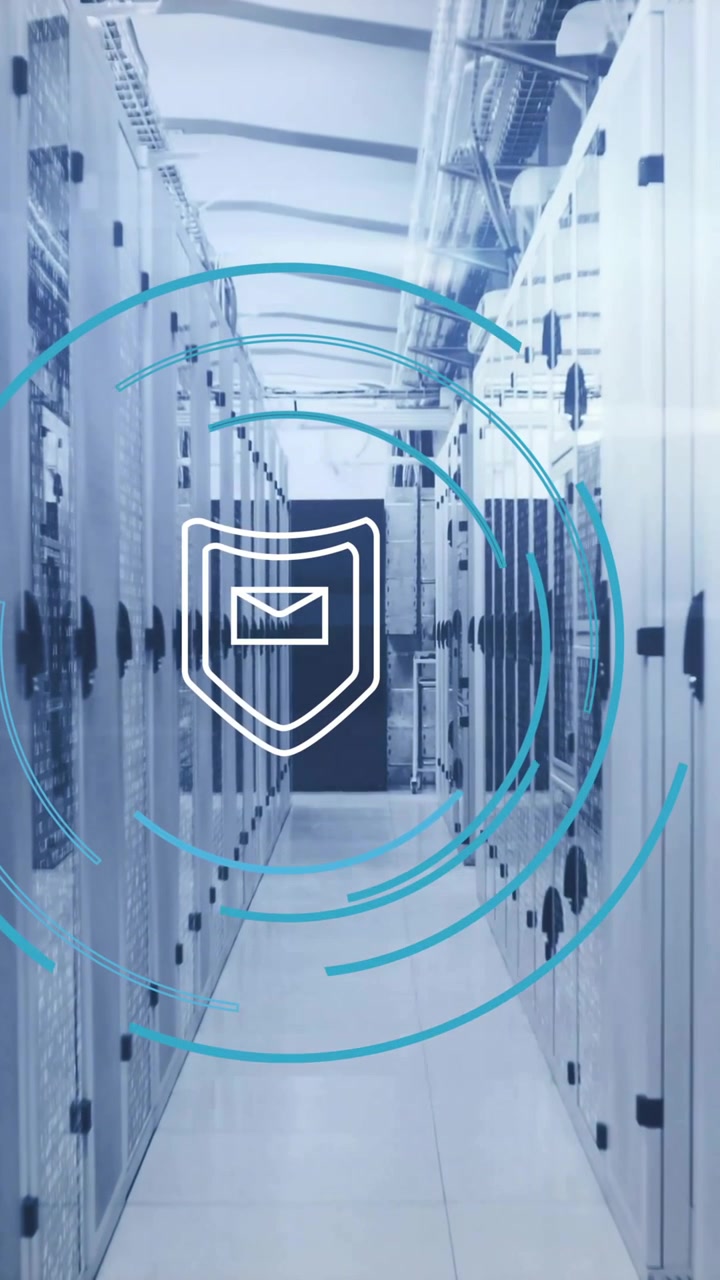 Animation of shield icon and digital data processing over computer servers