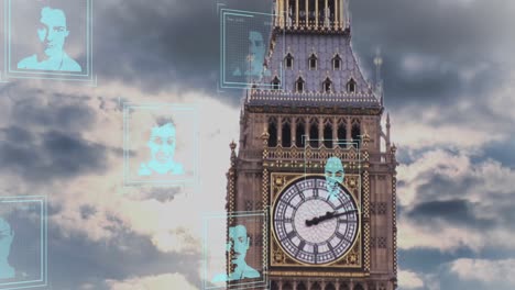 Animation-of-multiple-profile-icons-over-view-of-big-ben-tower-against-clouds-in-the-sky