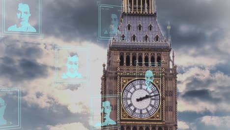 animation of multiple profile icons over view of big ben tower against clouds in the sky