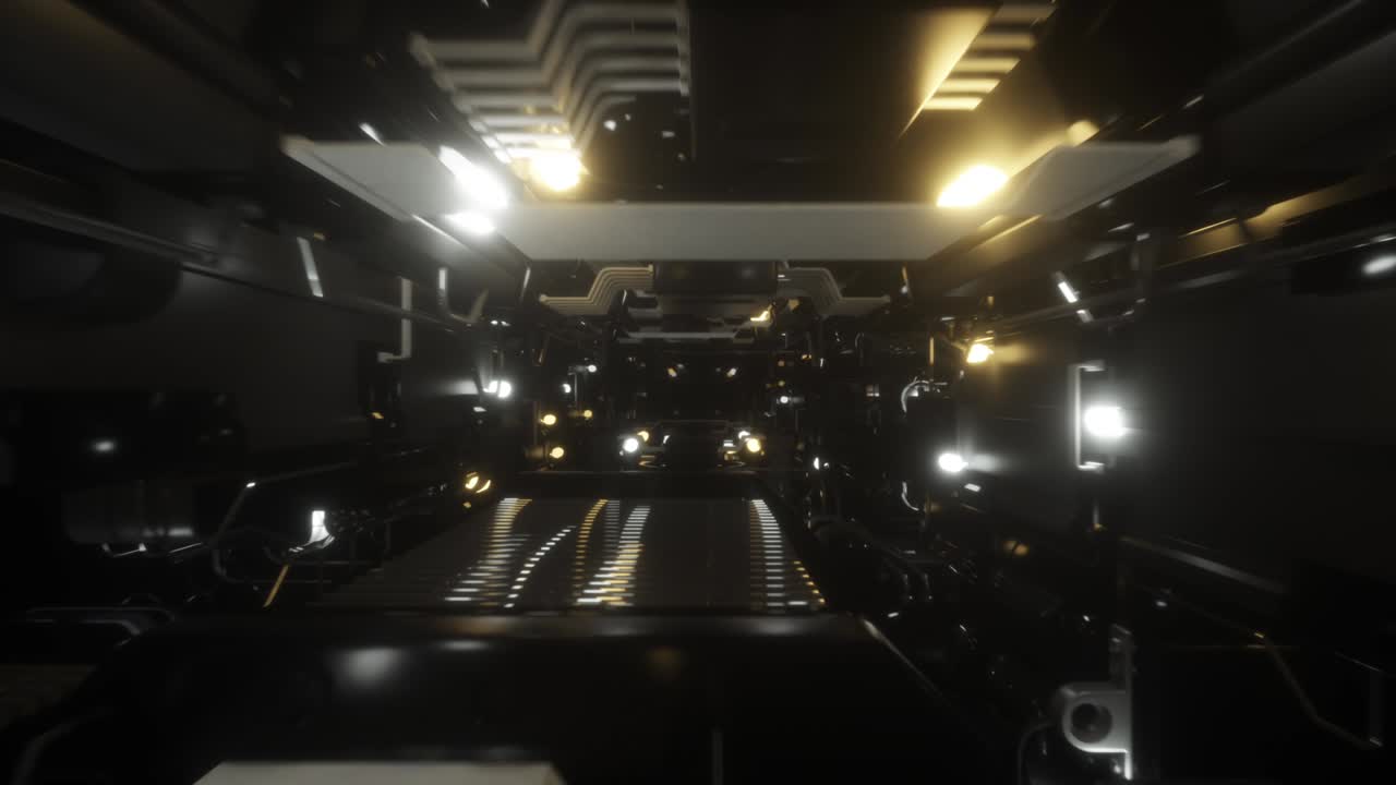 vuelo fantástico en el corredor metálico de una nave espacial