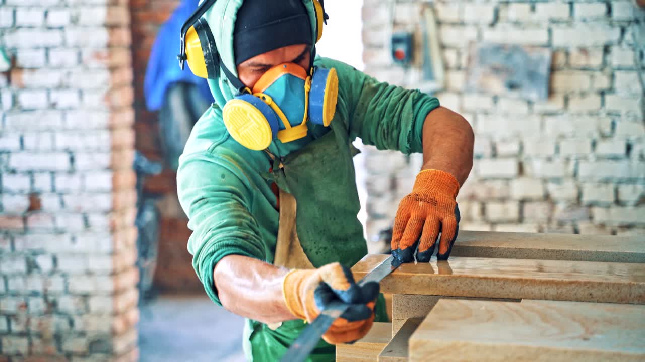 Man in protective uniform measures the stone slabs in factory.