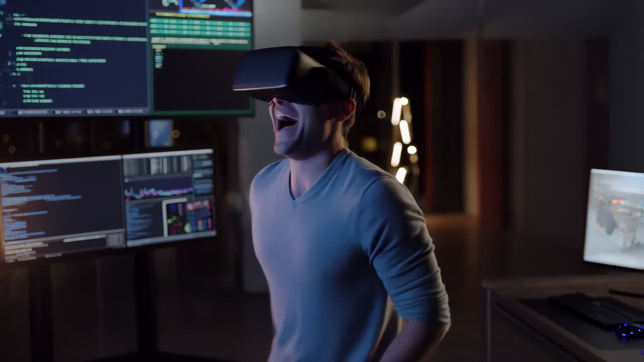 Man Experiencing Virtual Reality in a Tech Environment