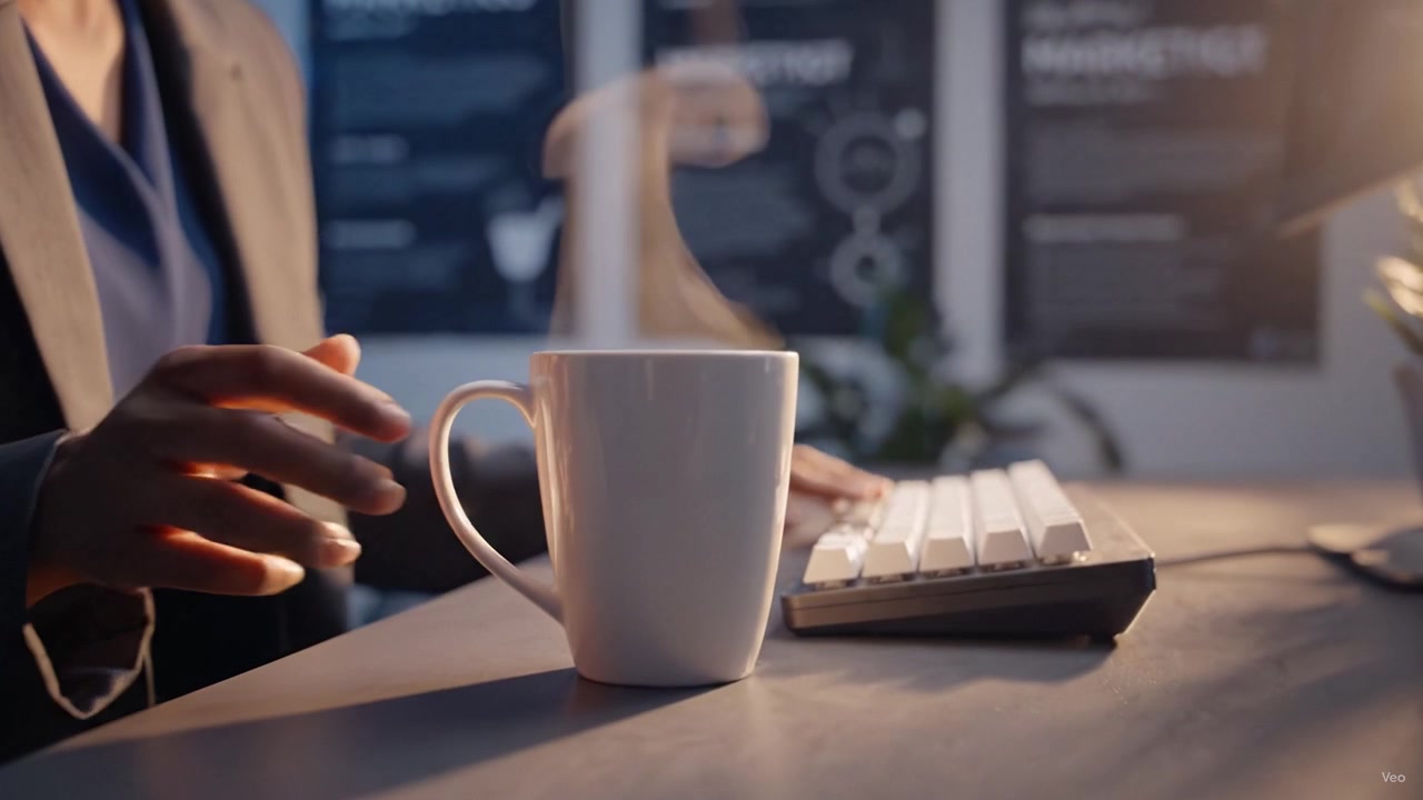 Um profissional desfruta de uma xícara de café quente enquanto interage com um teclado de computador em um ambiente de escritório elegante e rico em recursos de marketing.