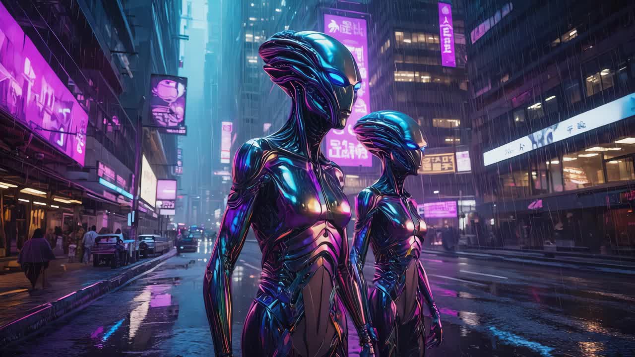 Futuristische Alien-Zivilisation in einer Cyberpunk-Stadt