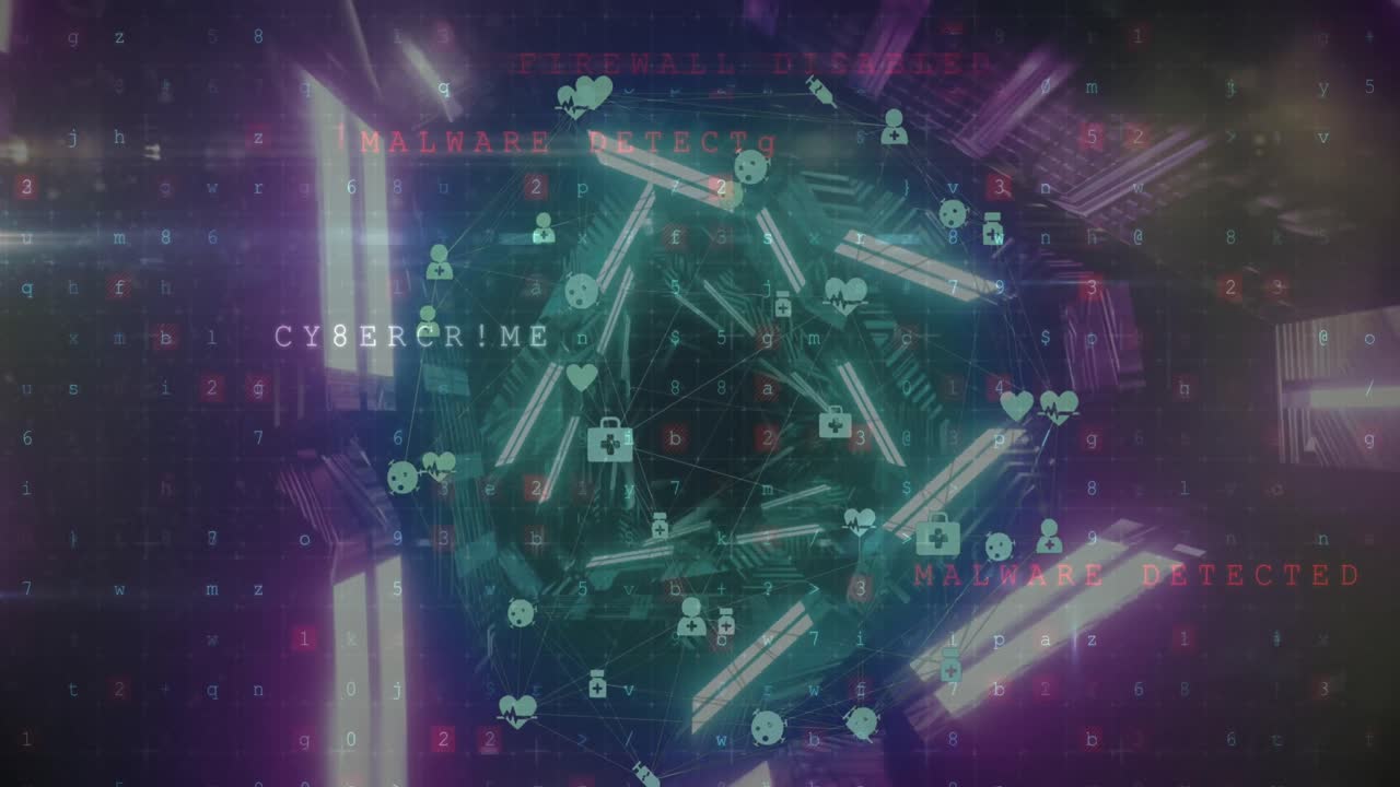 animación de la red de conexiones con iconos y procesamiento de datos a través de túnel de neón.