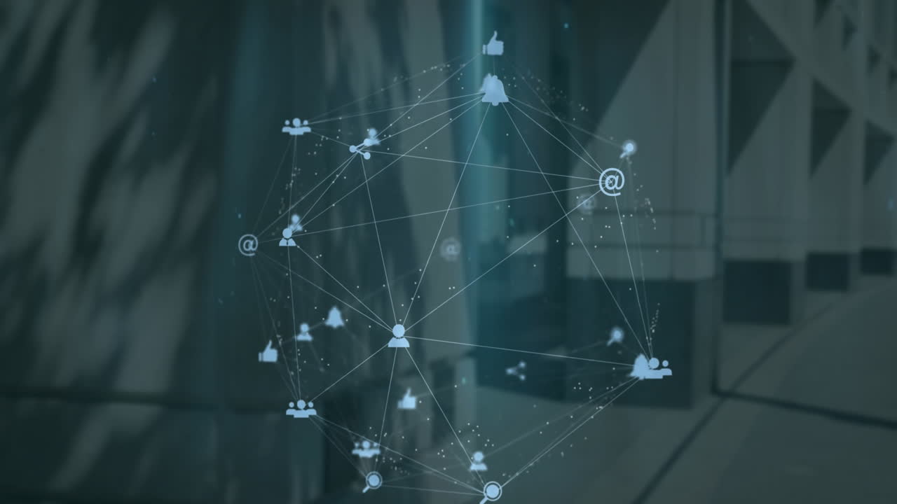Animation of connected icons forming globe over big pillars of building in background