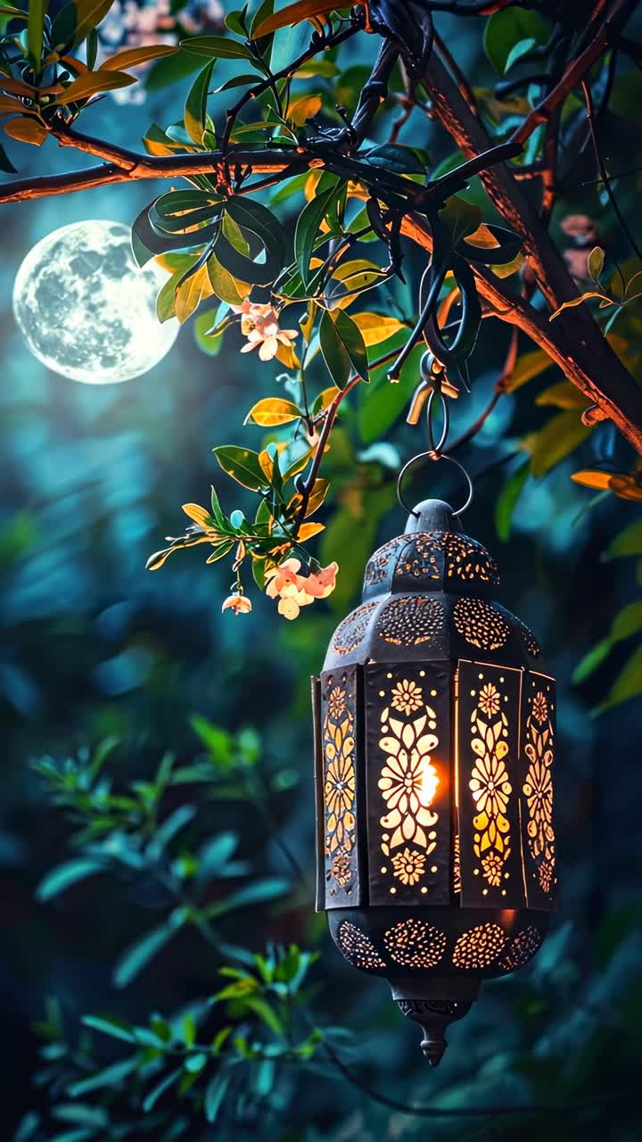 A close-up, upward angle captures a vintage lantern hanging from a tree, glowing warmly