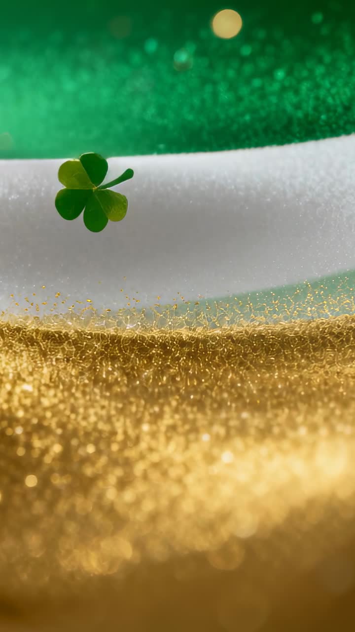 Vertical video: Drifting from left, green shamrocks settling on gold glitter for macro decoration