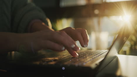 mani femminili sulla tastiera del portatile digitando testo. il sole dalla finestra illumina splendidamente le dita e la tastiera
