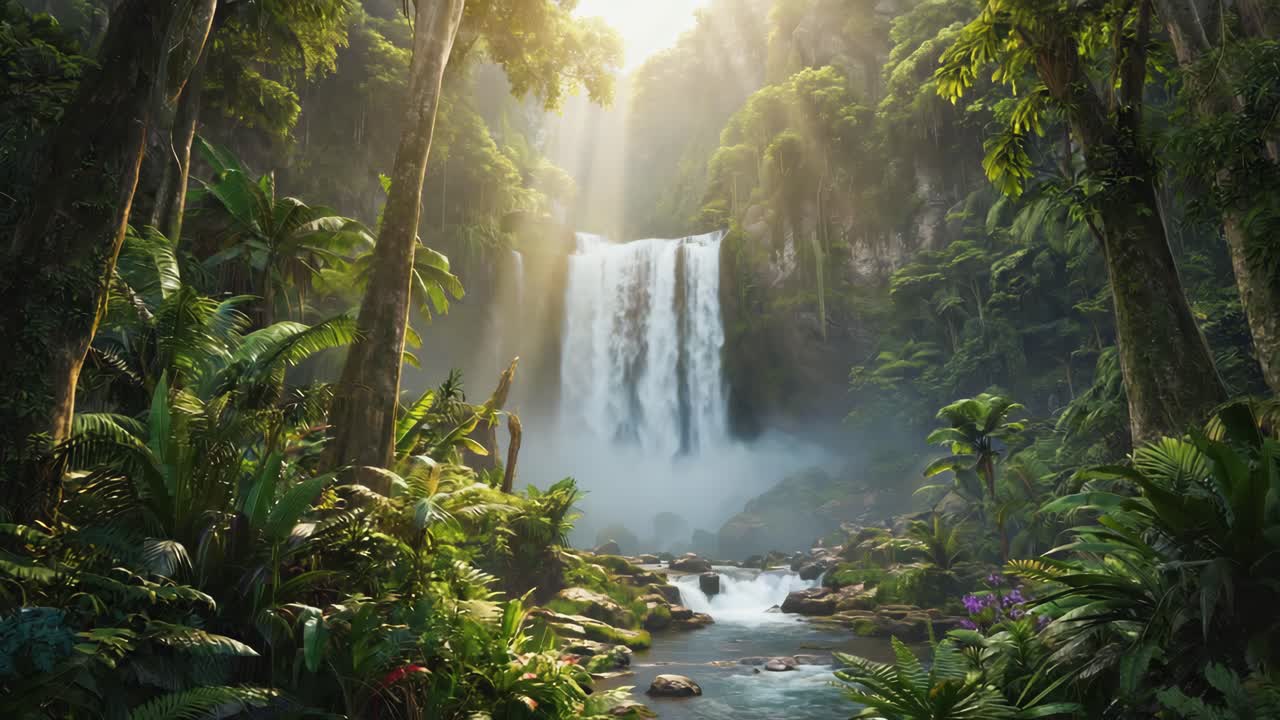 Scena di cascata lussureggiante in una foresta pluviale tropicale
