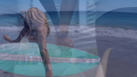 riding wave, surfer with animation overlay of abstract patterns and beach scenery