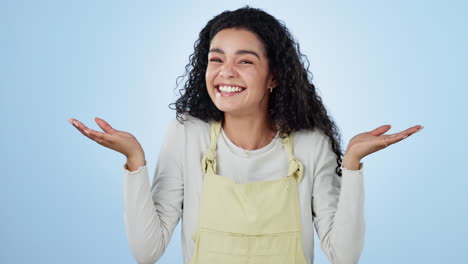 Studio,-happy-woman-and-palm-gesture