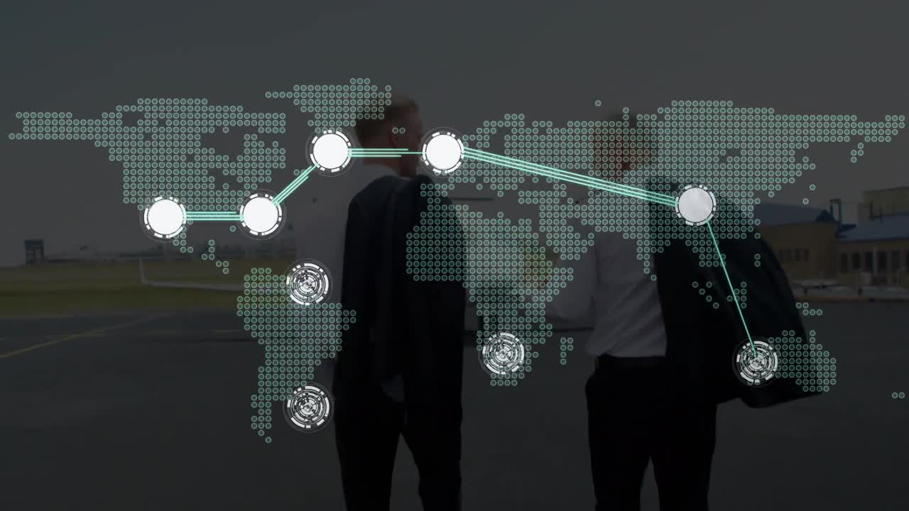 연결된 점들의 애니메이션, 다양한 사업가들이 공항에서 개인 제트를 향해 고 있는 지도