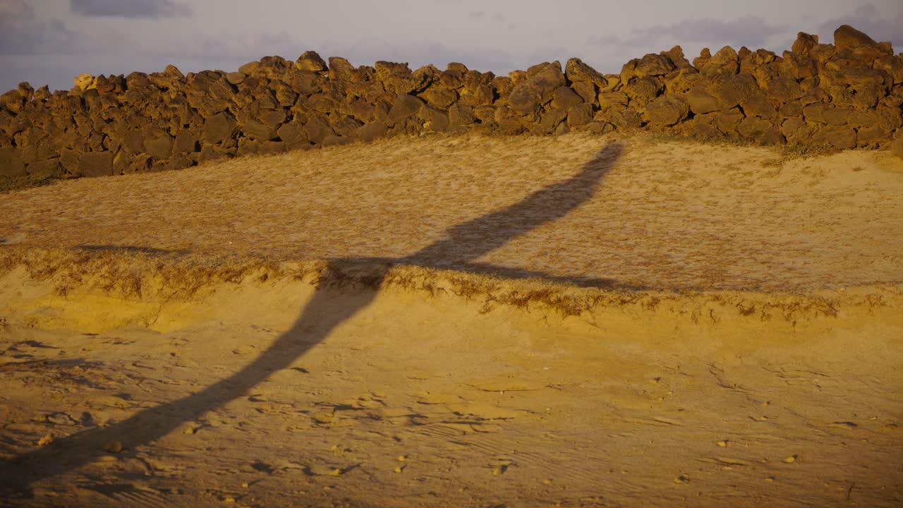 The elongated shadow of a walking person stretches across sandy ground in warm golden sunrise light, creating an abstract and conceptual morning scene