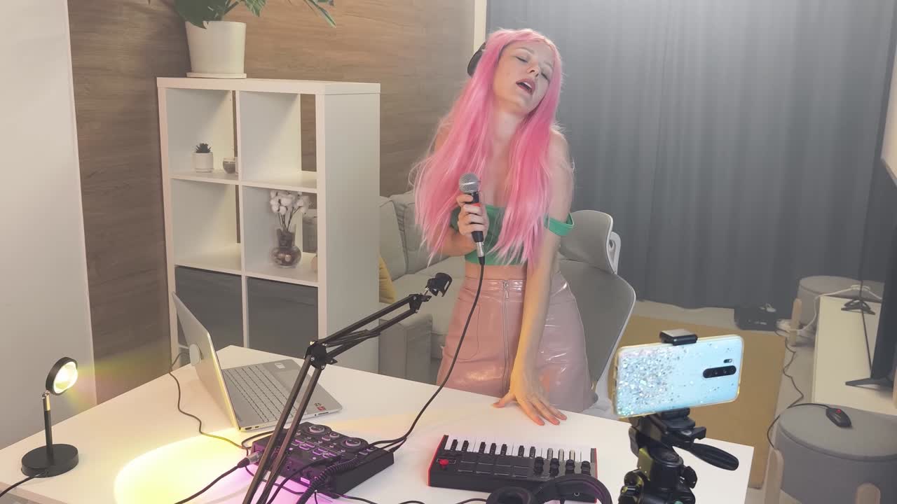 Streamer dai capelli rosa che esegue musica dal vivo