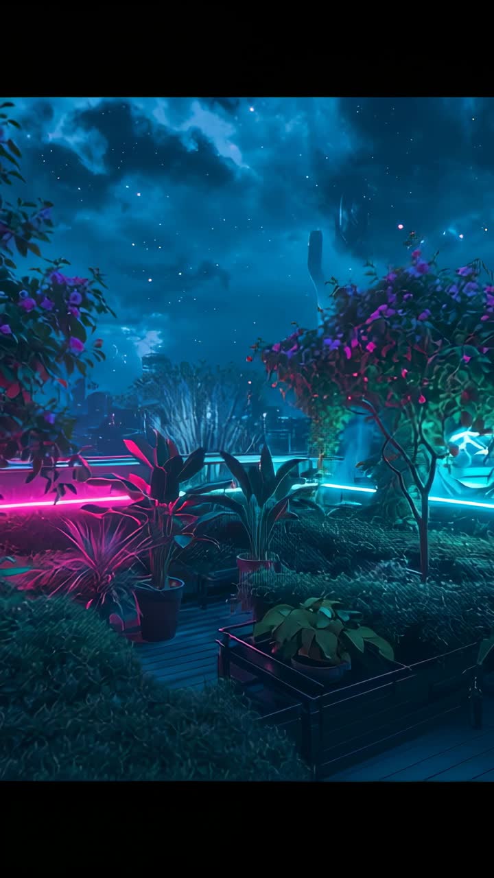 Video verticale: punto di vista mobile che rivela una striscia al neon su una terrazza panoramica che mette in risalto piante in vaso