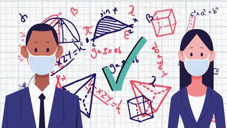 man and woman in face mask icons maintaining social distancing against mathematical equations