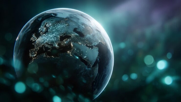 Una vista mozzafiato della Terra dallo spazio, che mette in risalto l'Europa di notte con luci scintillanti della città, catturando la bellezza e la vastità del nostro pianeta in profondità astratta