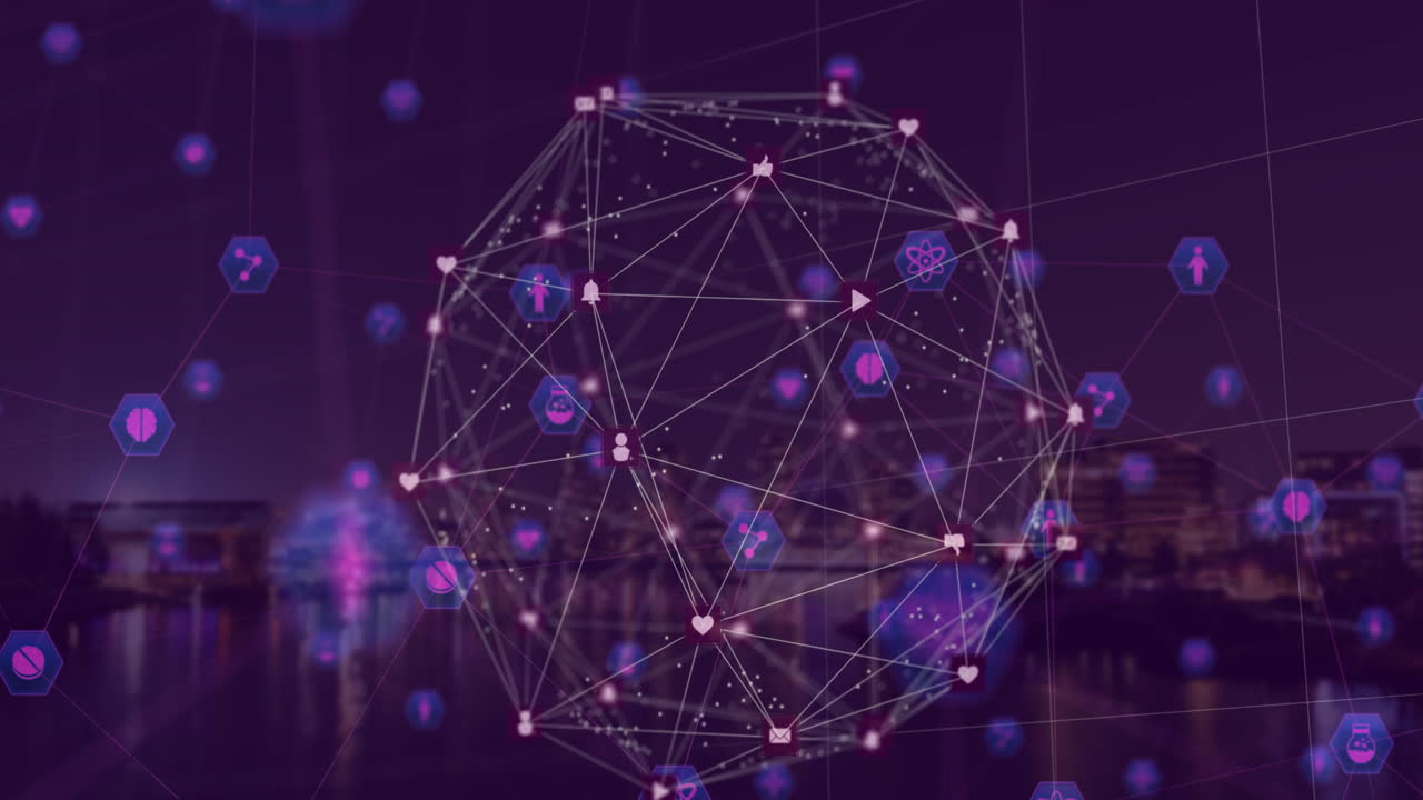 globo de iconos digitales contra el paisaje urbano