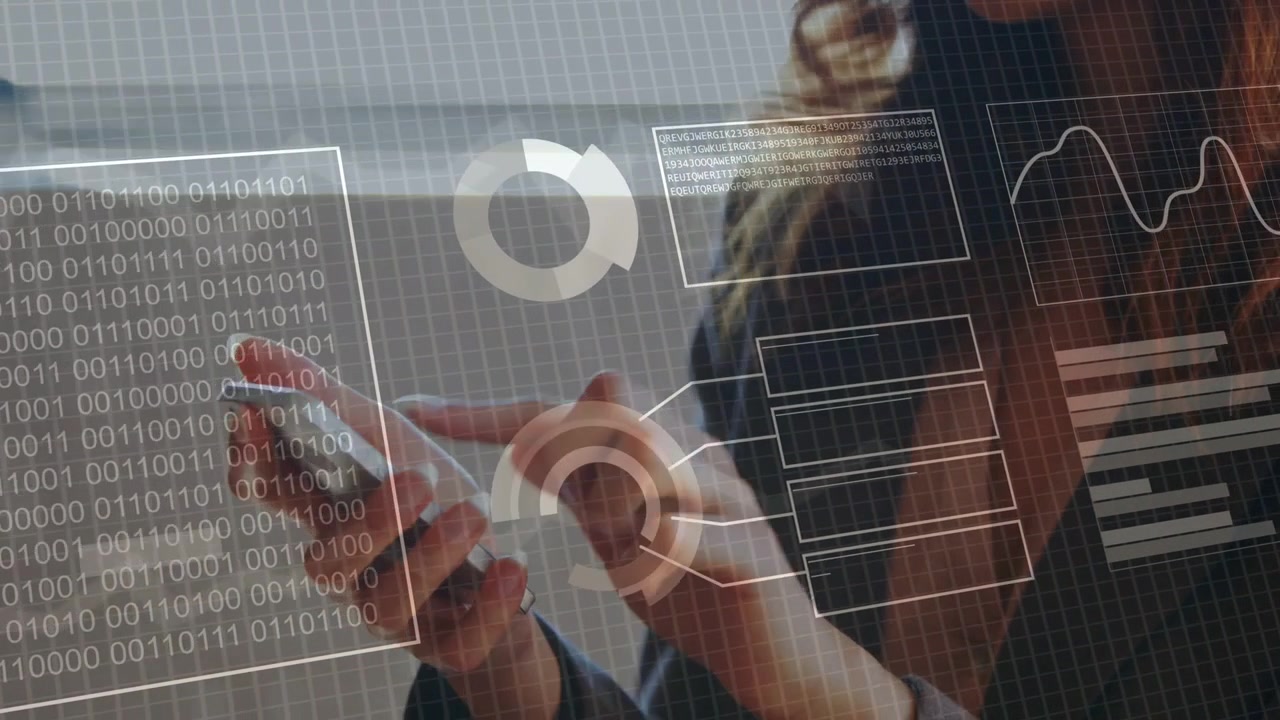 Businesswoman bringing phone into frame, tapping and swiping while HUD aligning and updating charts