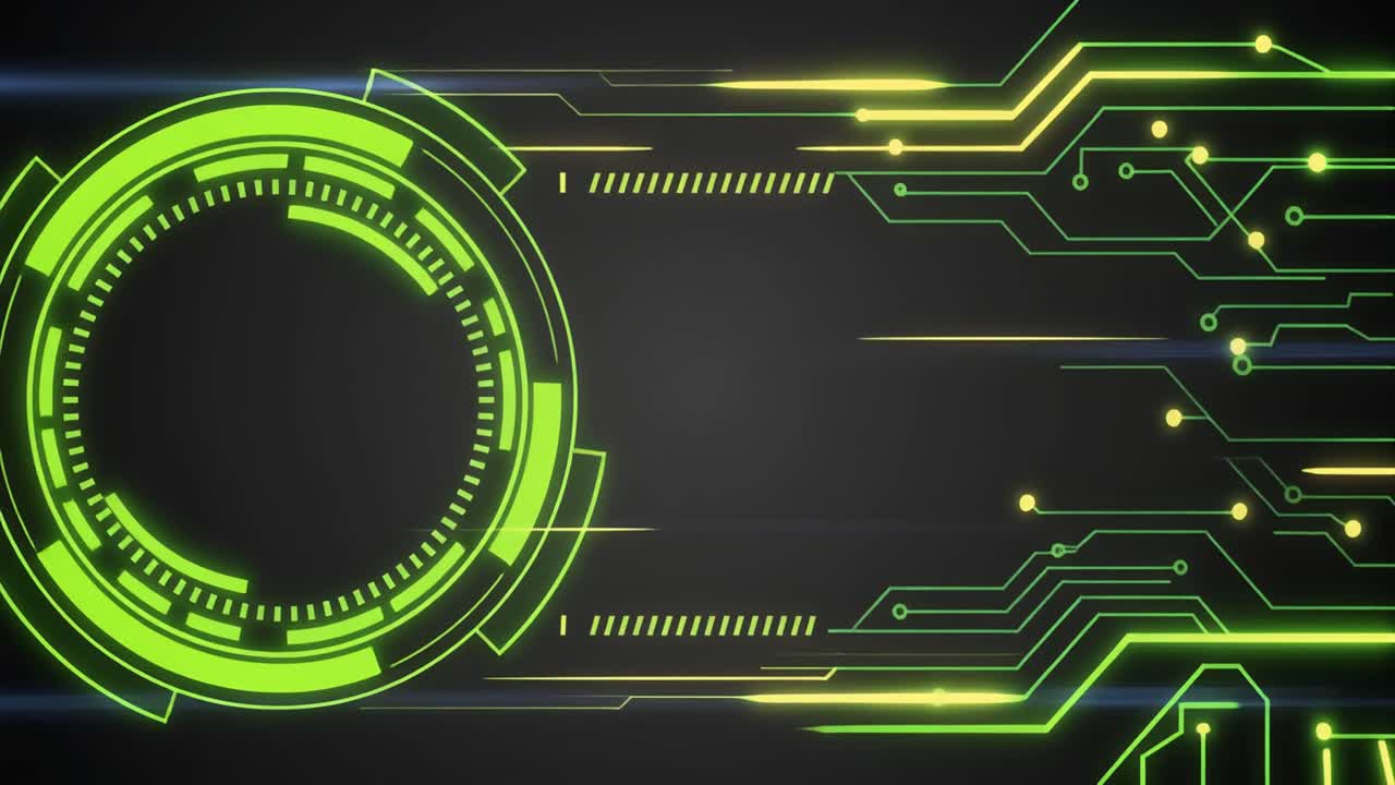 Animated Futuristic Technology Background with Glowing Circuit Board and HUD Elements