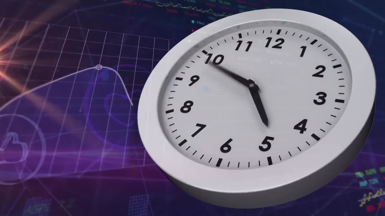 animación del reloj sobre múltiples gráficos y tablero de negociación contra las llamaradas de la lente en el fondo