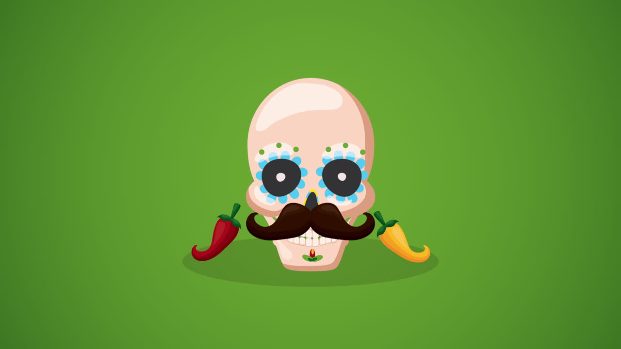 celebración mexicana con cráneo y chiles