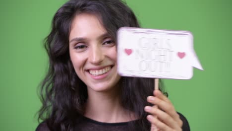 young beautiful woman with paper sign