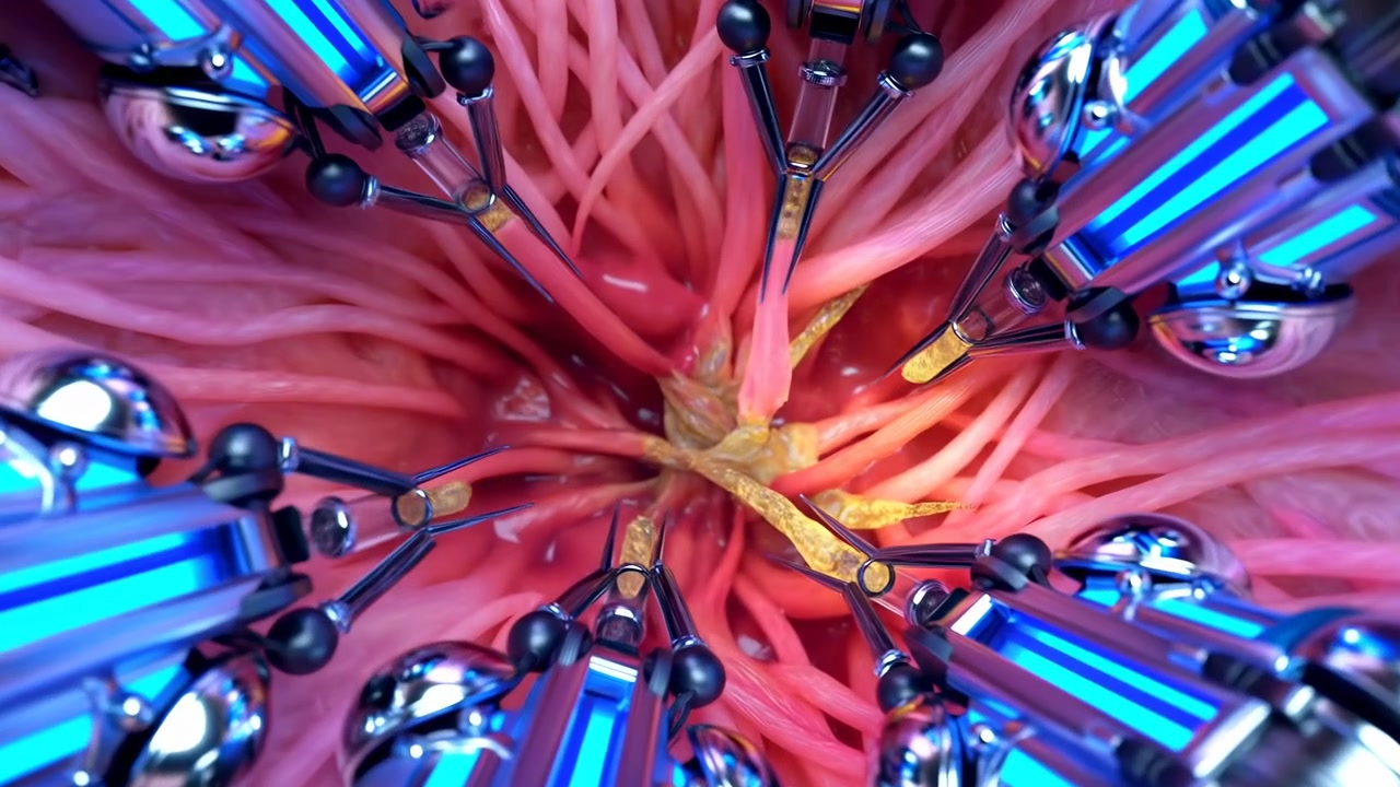 Glossy insect-like robots form a tight ring around a pink textured core in a dramatic overhead close-up. Blue and purple highlights reflect across the chrome